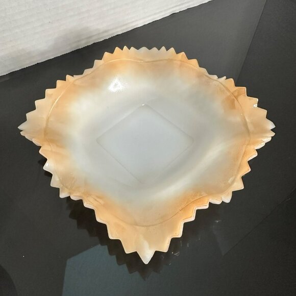 VTG Indiana Glass Iridescent Milk Glass Dish Diamond Point Sawtooth Edge 8" - Picture 2 of 6